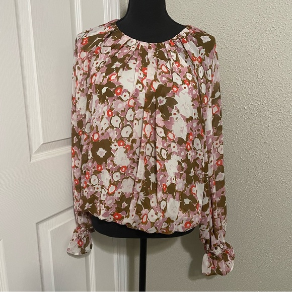 Multicolor Flower Top with Long Statement Sleeves Large Pink Brown Red - Picture 2 of 12